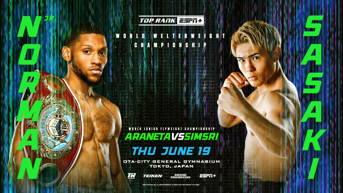June 19: Brian Norman Jr.-Jin Sasaki WBO Welterweight World Title Showdown Headlines Tokyo Bill LIVE on ESPN+ - Boxing Image